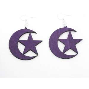  Purple Star and Crescent Islam Symbol Wooden Earrings GTJ 
