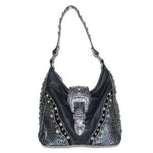  Ladies Fashion Handbag Purse Black with Rhinestone Buckle 