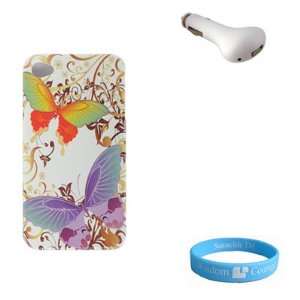 Carrying Case Pink Butterfly for iPhone 4 + USB Car Charger + Wisdom 