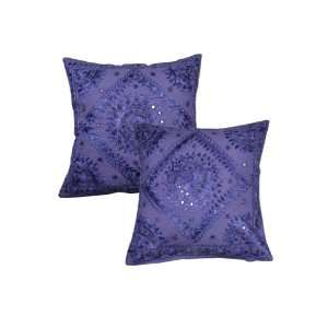 Silk Thread Hand Embroidered Cotton Mirror Work 2 Pcs Cushion Cover 