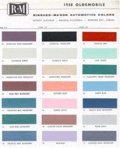 1958 OLDSMOBILE PAINT COLOR SAMPLE CHIPS CARD COLORS  