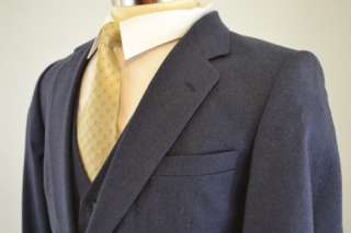 42R Mens Navy Blue 100% Wool Flannel 3 Piece Vest Suit  