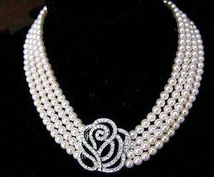   Shipping Exqusite Rose Flower Zircons 4 Layers Pearls Necklace 015