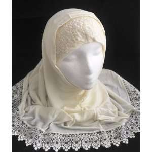  Off White 2 Piece Al Amira Hijab with Lace Trim 