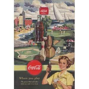  1950 Coca Cola Ad American Baseball Golf Tennis Wherever 