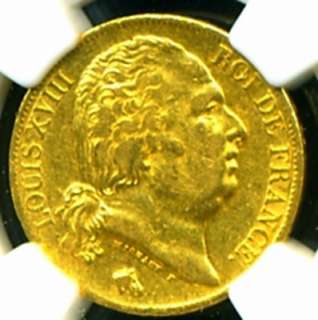 1818 A FRANCE LOUIS XVIII GOLD COIN 20 FRANCS NGC RARE  