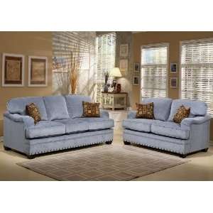  2pc Sofa Loveseat Set with Nail Head Trim in Wedgewood 