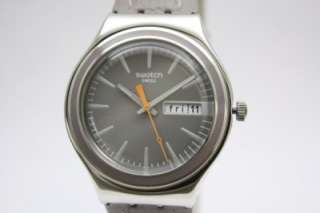 New Swatch Irony Men Gray Suit Taupe Leather Band Day Date Watch 38mm 
