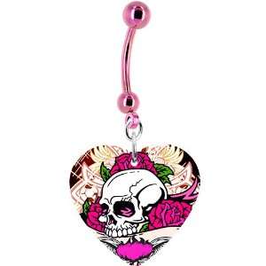  Pink Wild Rose Skull Belly Ring: Jewelry