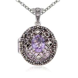   : Sterling Silver Marcasite and Amethyst Round Pendant, 18 Jewelry