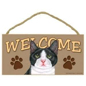  5 x 10 Wood Welcome Sign   Tuxedo Kitty Cat Everything 