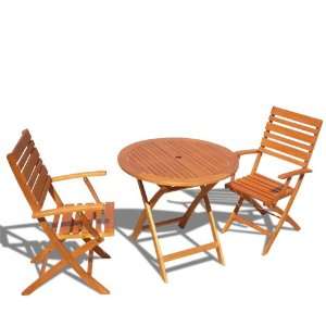   Wood Round Table and Two Outdoor Wood Folding Chair Set Patio, Lawn