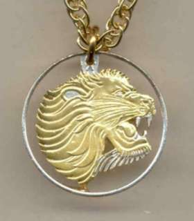 Gold on Silver Cut Coin Ethiopia 25 cent Lion Necklace with no Bezel 