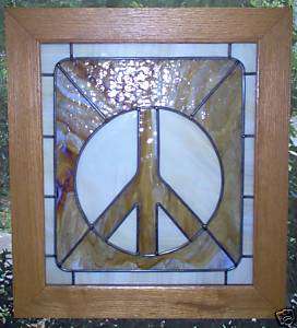 Peace sign stained glass panel, framed in solid Oak  