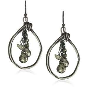   Metallic Antiqued Silver and Pyrite Wirey Pear Hoop Earrings Jewelry