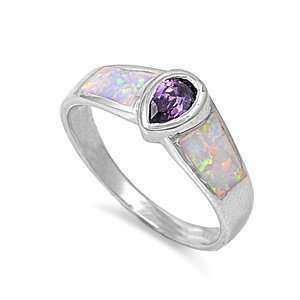  Sterling Silver Ring with White Lab Created Opal and Pear 