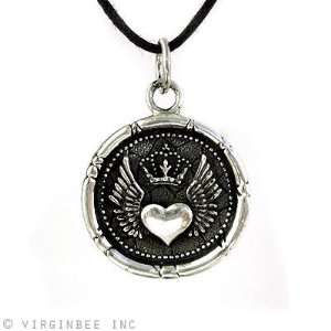  WINGED HEART CROWN LOVE CHARM WAX SEAL SILVER PENDANT 