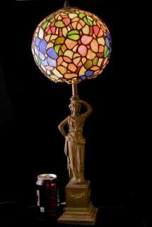   ART NOUVEAU LAMP STAINED GLASS TABLE LAMP WTH FIGURINE 24  