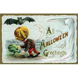 Halloween Poster Made From Circa 1910 Postcard B. Hofmann Pumpkin Man 