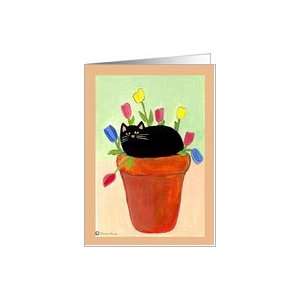  Black Cat in Clay Pot of Tulips Card: Health & Personal 