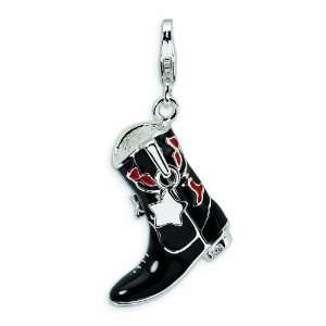  Sterling Silver Black/Red Enameled Cowboy Boot W/Lobster 