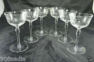 VINTAGE WNE LIQUER SHERRY GLASSES FLOWER ETCHED SET OF 6  