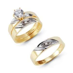    14k Solid Gold White Gold Ribbon CZ Wedding Ring Trio: Jewelry
