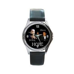  Dr King and Barack Obama Round Metal Watch LEATHER BAND 