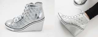 Womens Silver Shiny Sneakers Wedge Heel Boots US 5~8  