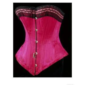 Pink Silk Satin Edged Whalebone Corset with Black Lace and Pink Ribbon 