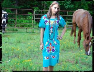 Vtg 70s Mexican Embroidered Hippie Knee Length Dress  