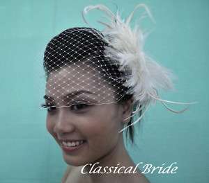 804 VEIL SET w/ Feather Fascinator Hair Clip & Ivory or White 