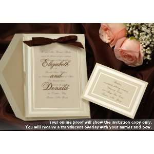   Double Panel Card with Sheer Overlay and Mocha Bow Wedding Invitations