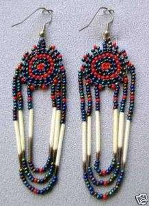 Beaded Earrings Porcupine Quills Red Blue Loops Medium  