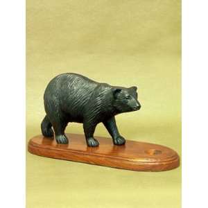  Walking Bear Statue Cast Iron Black on Wood Stand: Kitchen 
