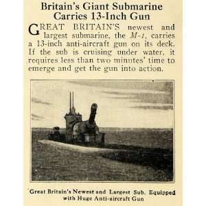  1921 Print Britain Submarine M 1 Gun Water War Weapon 