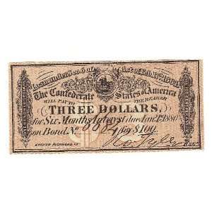  $3 Confederate Bond Interest Coupon 