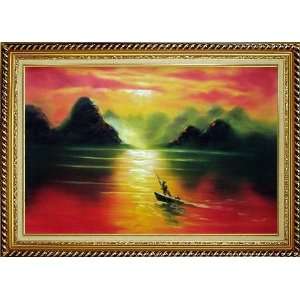  Small Boat at Amazing Red Sunset Oil Painting, with Linen 