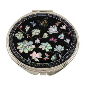 Mother of Pearl White Magnolia Flower Design Double Compact Magnifying 