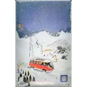  VW Minibus at ski resort embossed steel sign