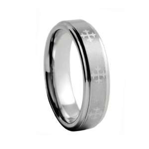 Tungsten Carbide Ring Etched Celtic Cross Polished Step Edge Wedding 