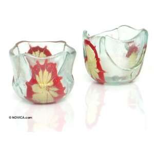  Art glass candleholders, Red Love Blossoms (pair): Home 