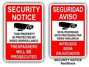 VIDEO SURVEILLANCE SECURITY NOTICE 12x18 Alum Sign   ENGLISH or 