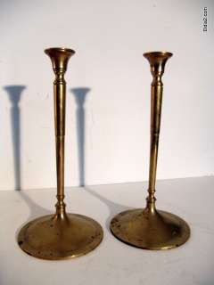 Arts & Crafts Pair of Large Solid Brass Candle Sticks  