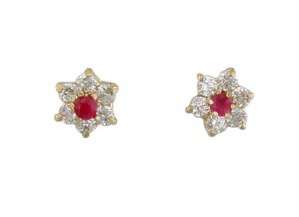18K Gold Ruby & CZ Flower Screwback Earrings for Girls  