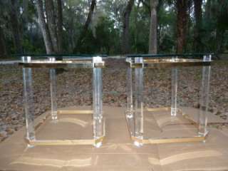 Pair 1970s Modern Hollywood Regency Brass and Lucite End Tables Thick 