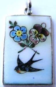ANTIQUE FRENCH SILVER & ENAMEL FORGET ME NOT PANSY SWALLOW CHARM 