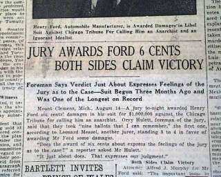 HENRY FORD $1,000,000 Lawsuit Trial 1919 Old Newspaper  