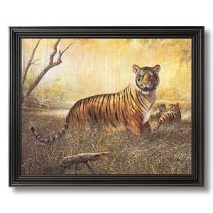 Solid Wood Black Framed Asian Tiger And Cubs Strength Animal Wildlife 