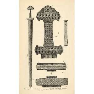  1892 Woodcut Iron Sword Hilt Norway Scandinavia Weapon Pommel Iron 